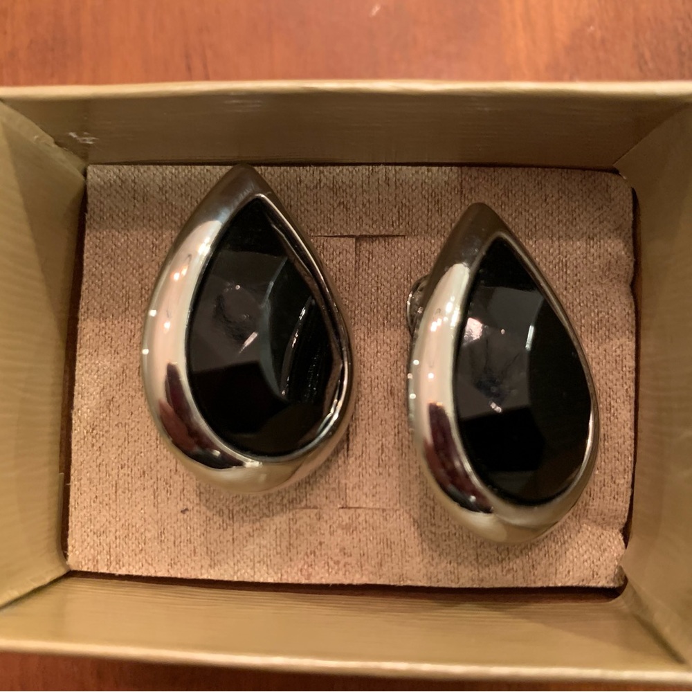 Black stone and silver tone clip on Earrings